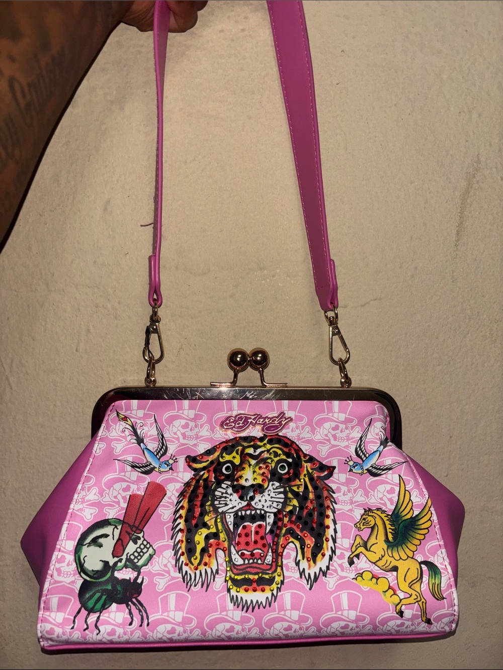 Ed Hardy Pink Graphic Tiger & Pegasus Frame Clutch